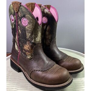 Ariat Womens Fatbaby Camouflage Leather Cowgirl Cowboy Western Pink&Brown Sz.9.5